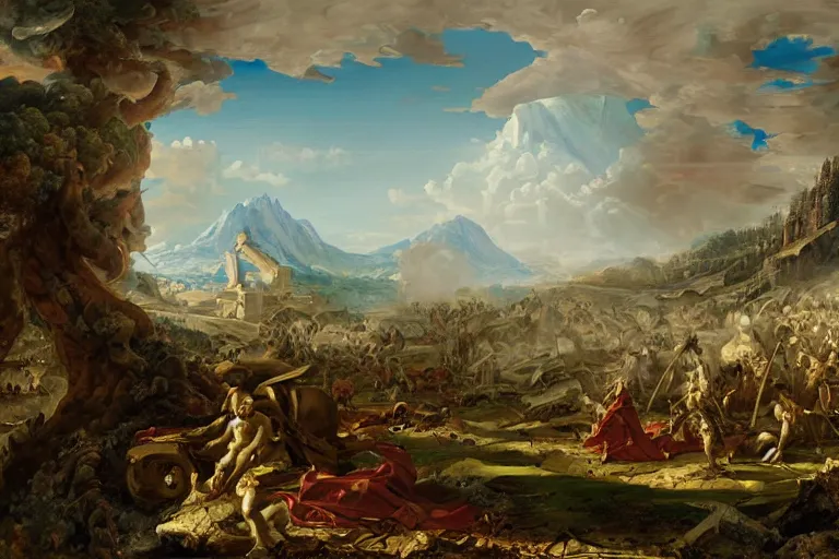 Image similar to landscape of the aftermath of an ancient battle, the art of god of war, digital art by giovanni paolo pannini