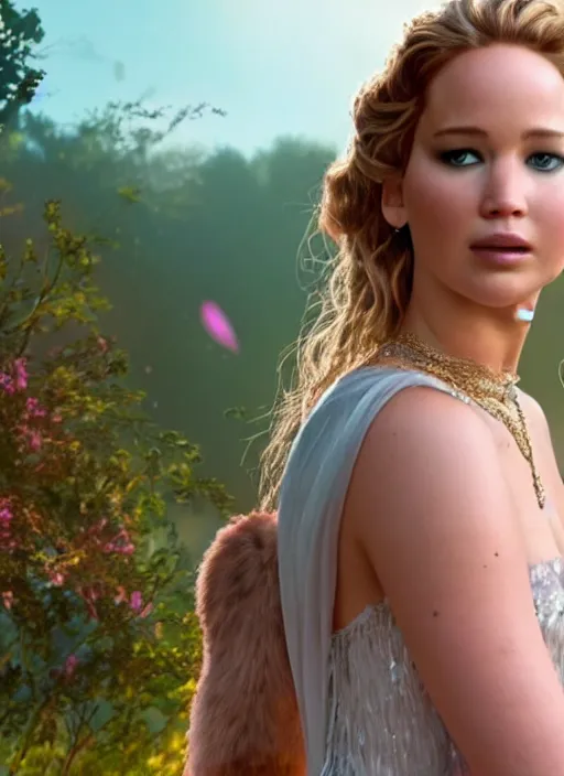 Prompt: Jennifer Lawrence as a Disney Princess, movie Still, 4k, cinematic lighting, golden hour,