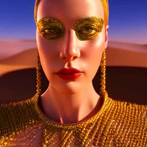 Image similar to innovative colorful avant-garde art, deco fashion, highly detailed, photorealistic portrait, serene desert setting, golden hour, crisp quality and light reflections, unreal engine 5 quality render