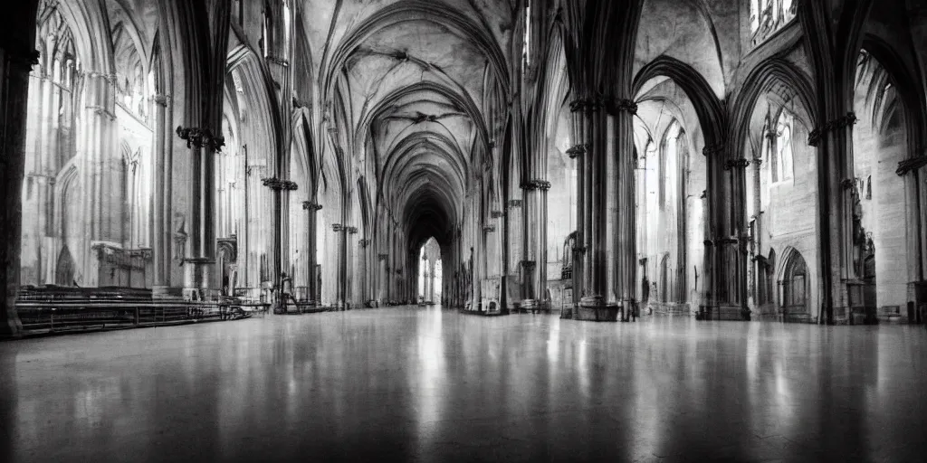 Prompt: The ghost world is cold and empty, no change, echoes in the world of life, full of memories, shadowy images and reflections of the real, unfinished, incomplete, a vast and echoing cathedral, unnaturally great, quiet, and cold, the living huddle together and move swiftly through its halls