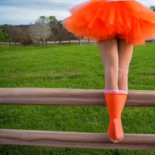Image similar to a carrot in a tutu dancing the macarena on a wooden fence pole with pasture in the background