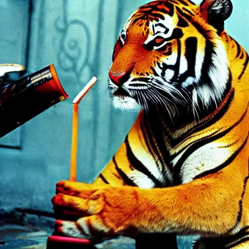 Image similar to 9 0 s photography of a tiger smoking pot in the streets