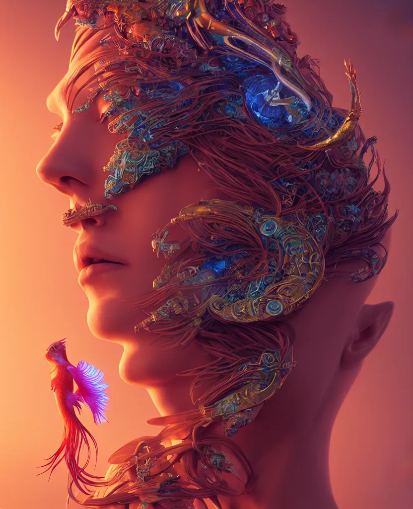 Image similar to goddess close-up portrait. orchid bird phoenix head, nautilus, skull, betta fish, bioluminiscent creatures, intricate artwork by Tooth Wu and wlop and beeple. octane render, trending on artstation, greg rutkowski very coherent symmetrical artwork. cinematic, hyper realism, high detail, octane render, 8k