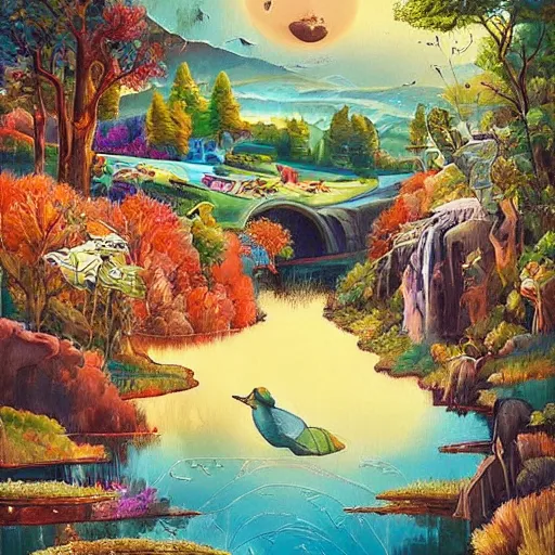 Image similar to A beautiful mixed mediart of a landscape. It is a stylized and colorful view of an idyllic, dreamlike world with rolling hills, peaceful looking animals, and a flowing river. The scene looks like it could be from another planet, or perhaps a fairy tale. by Sandra Chevrier churning, threatening