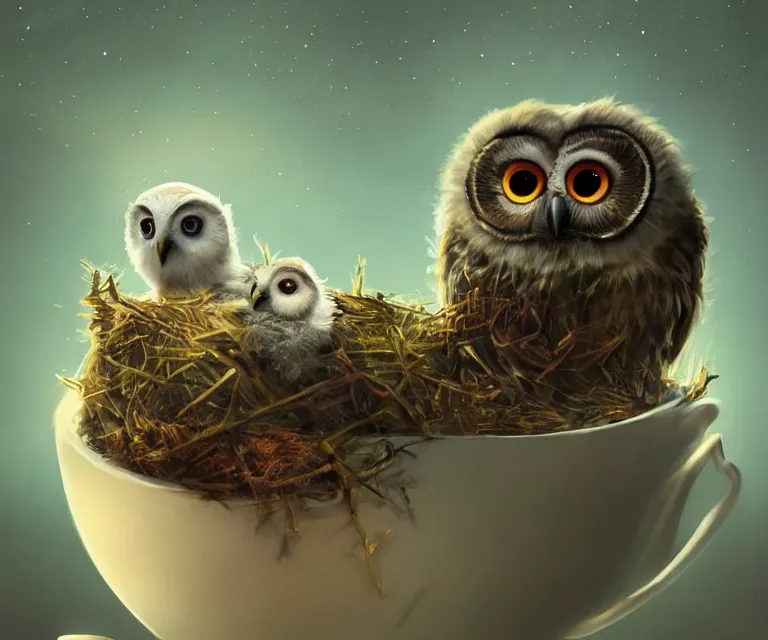 Image similar to long shot of a very cute owl chick nesting in a very futuristic cup, esao andrews, humorous illustration, hyperrealistic, big depth of field, warm colors, night scenery, low light, 3 d octane render, 4 k, conceptart, hyperdetailed, hyperrealistic, trending on artstation