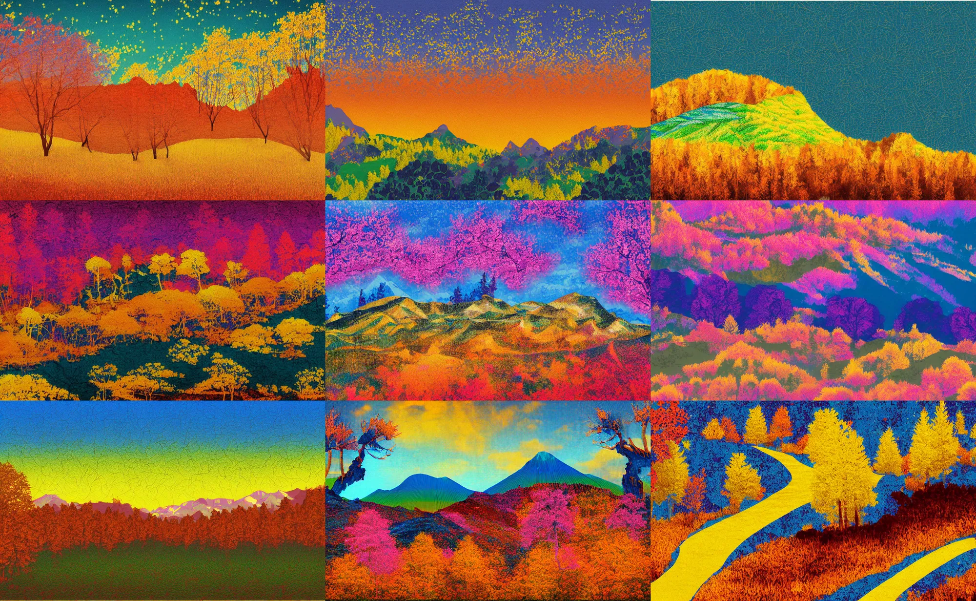 Prompt: a glitch art of a dream landscape painting of a mountain with trees circling it, and a sakura trees, golden hour time, rgb
