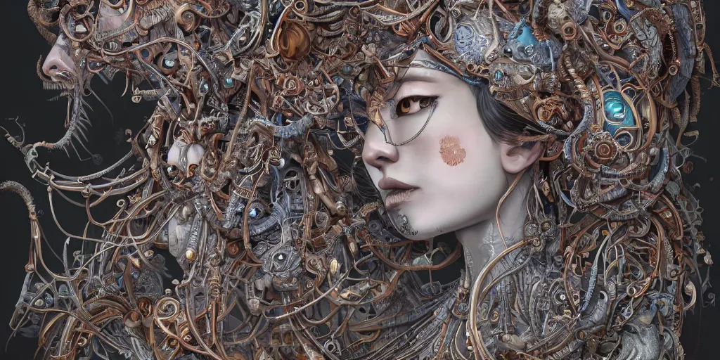 Image similar to hyperrealistic photography of a highly detailed and symmetrical gorgeous nepalese female demigorgon deconstructing a poetry machine in the style of Jin Kagetsu, James Jean and wlop, highly detailed, face symmetry, masterpiece, award-winning, sharp focus, intricate concept art, ambient lighting, 8k, artstation