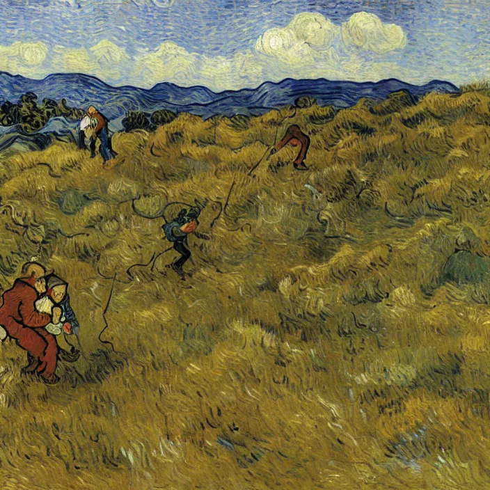 Image similar to adult man and woman playing on the open moorland, painting by van gogh