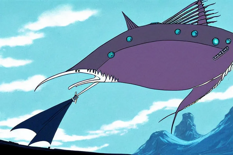 Image similar to cell shaded cartoon of a giant mechanized grey sailfish from howl's moving castle ( 2 0 0 4 ), in an icy river, full body, wide shot, very muted colors, post grunge, studio ghibli, highly detailed, deviantart, art by artgem