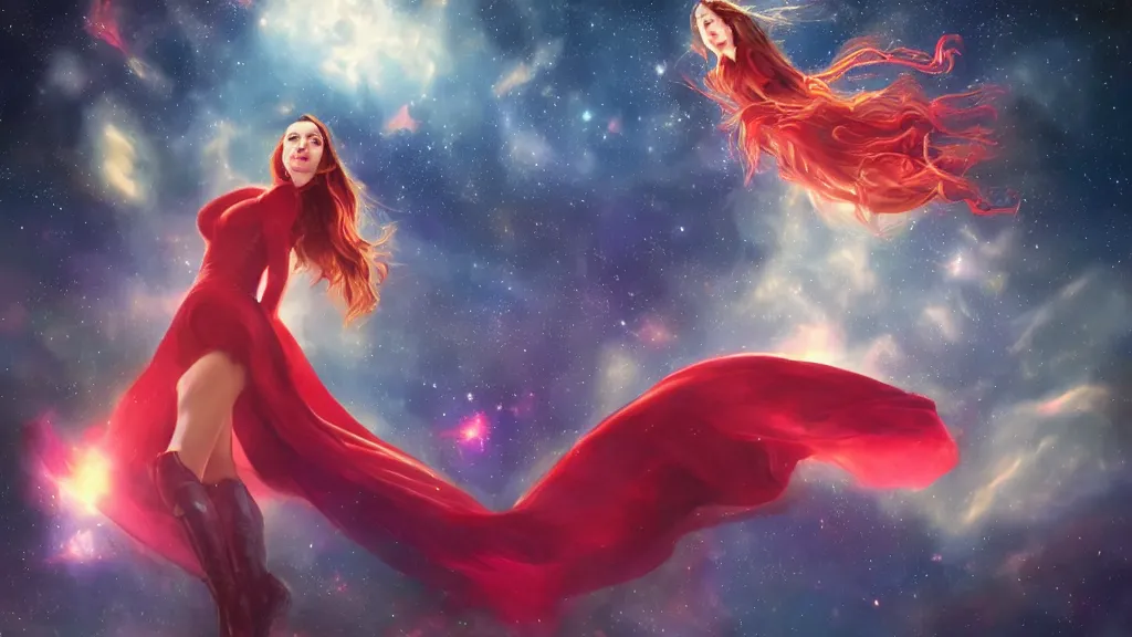 Image similar to a beautiful Scarlett witch, floating in space, stars, galaxy, HDR, dreamscape, dramatic lighting, fantasy art illustration, trending on artstation, Aetherpunk