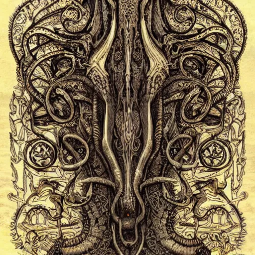 Image similar to an old book with an intricate design on it, a detailed painting by h. p. lovecraft, deviantart, gothic art, lovecraftian, apocalypse art, fractalism