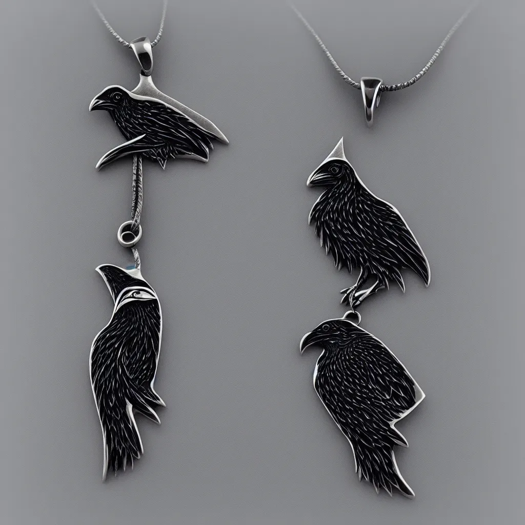 Prompt: pendant of raven inlaid in silver, realistic, clean, cinematic lighting