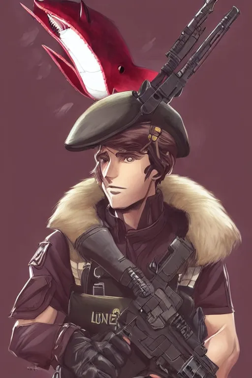 Image similar to beautiful portrait commission of a male furry anthro!!! half-bat half-shark wearing military clothes and a maroon beret. Active Warzone with guns and explosions Atmospheric. Character design by charlie bowater, ross tran, artgerm, and makoto shinkai, detailed, inked, western comic book art