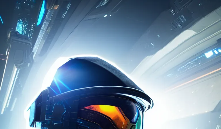 Image similar to cyberpunk halo helmet on space looking up, close shot, reflection, epic, dramatic, cinematic, award winning, ultra detailed, realistic, 8k,