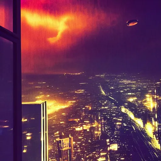 Prompt: looking out window, exterior night of city devastated by attack by alien spaceships, storm,arge alien spaceship, atmospheric, moody, dramatic lighting, cinematic, photo real, in the style of blade runner