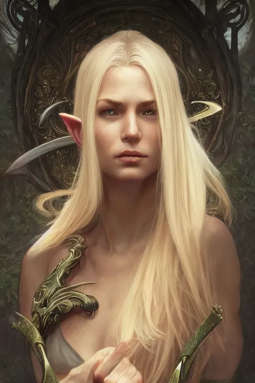 Image similar to portrait of blonde elven archer, dark, piercing eyes, gentle expression, elegant clothing, photorealistic, highly detailed, artstation, smooth, sharp focus, art by michael whelan, artgerm, greg rutkowski and alphonse mucha