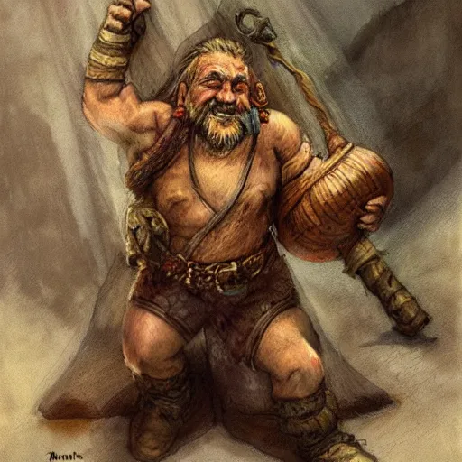 Prompt: “dnd dwarf, carrying big sack, by paul bonner”