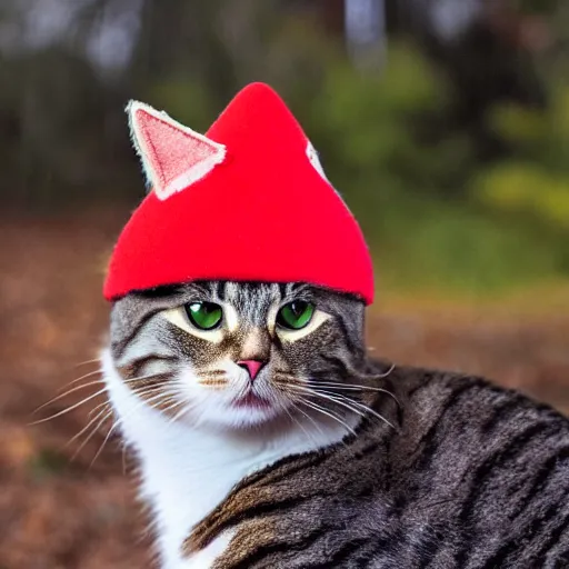 Prompt: Photo of a cat wearing a hat in the shape of a red mushroom