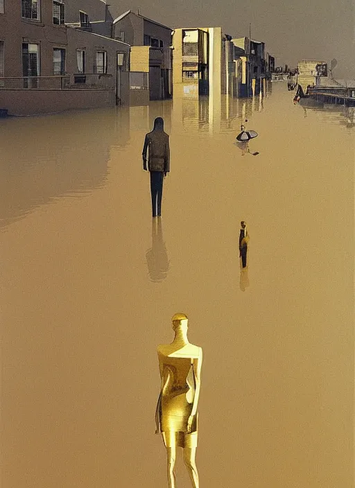 Image similar to futuristic woman dressed in transparent gold foil plastic bags with cutouts, on flooded street Edward Hopper and James Gilleard, Zdzislaw Beksinski, highly detailed