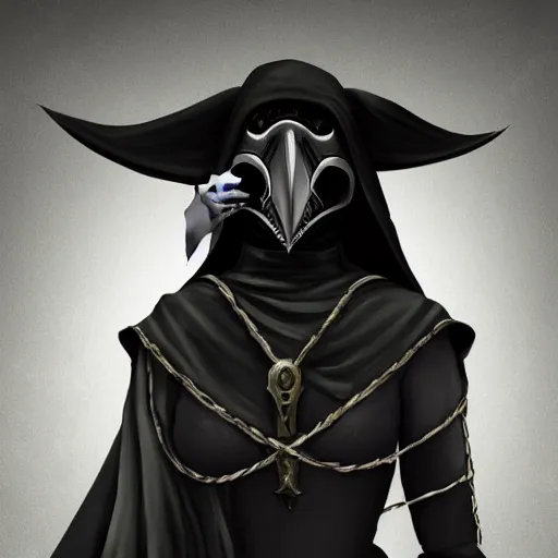 Image similar to female plague doctor donning a black hood, steel knightly armor and a white crow mask, trending on artstation