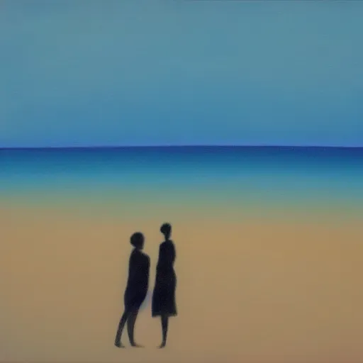 Image similar to silhouette of a couple hugging on a beach, blue tint, expressionist, oil on canvas