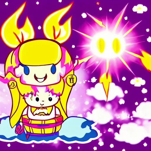 Image similar to kawaii wacky fluffy popcorn with lightning bolt power, yokai, in the style of a manga character, with a smiling face and flames for hair, sitting on a lotus flower, white background, simple, clean composition, symmetrical