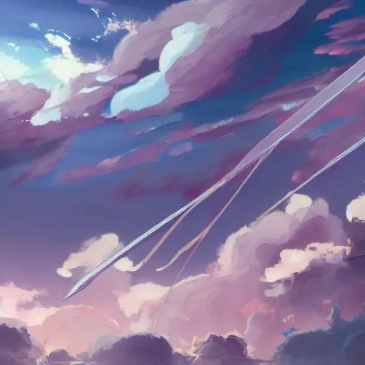 Image similar to background art of spaciously scattered longswords flowing and floating through the blowing swirling directional wind from left to right on a simple cloudy sky background, big puffy clouds, large individual rose petals, angular background elements, large polygonal fragments, anime, studio ghibli, artgerm, manga, trending on artstation, art nouveau, mature color scheme