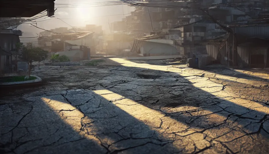 Image similar to Bright Beams of Light Shoot out of cracks in the ground, Futuristic Favela, Hyperrealistic Rendering, Photorealism, Raytracing, Anamorphic Lens, Artstation