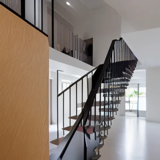 Prompt: photograph of a scary monster with elongated arms descending a staircase in a modern home, scary lighting