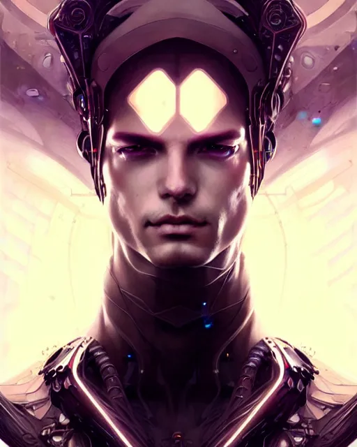 Image similar to Beautiful ethereal cyberpunk man, art nouveau, fantasy, intricate binary and electronic designs, elegant, highly detailed, sharp focus, art by Artgerm and Greg Rutkowski and WLOP