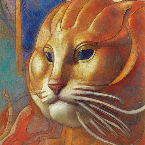 Prompt: masterpiece painting of a mechanical cloisonne cat head sculpture, by annie swynnerton and diego rivera and nicholas roerich and jean delville and janet fish, symbolist, dramatic lighting, god rays, art brut, rich colors, smooth, sharp focus, extremely detailed, adolf wolfli and ( donato giancola and bilibin )