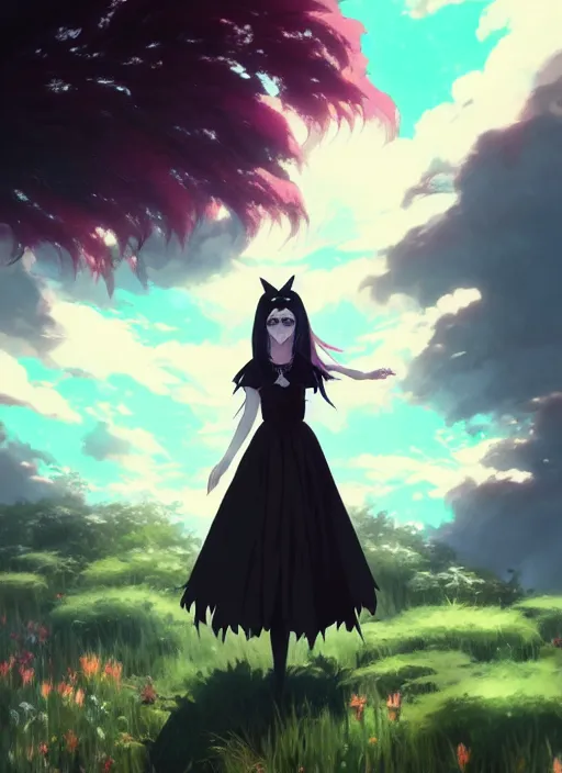 Image similar to portrait of gothic alice from wonderland, cloudy sky background lush landscape illustration concept art anime key visual trending pixiv fanbox by wlop and greg rutkowski and makoto shinkai and studio ghibli