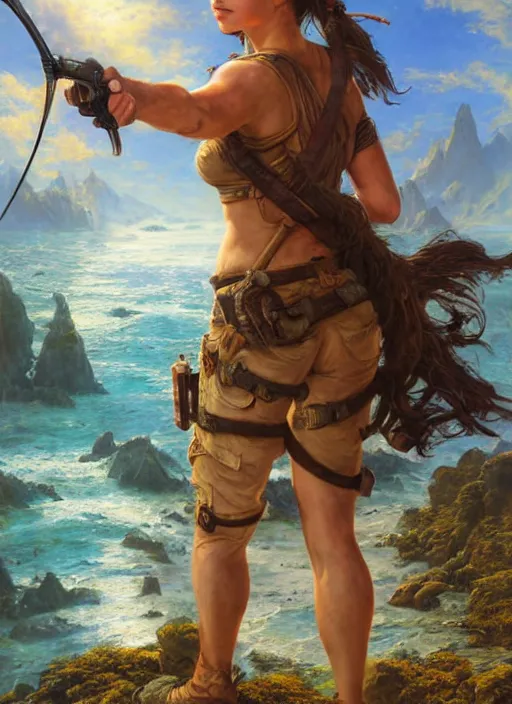 Prompt: seasoned adventurer Lara Croft, golden hour, Lilia Alvarado, Sophie Anderson, Mark Arian, Bob Byerley, Charlie Bowater, Mark Brooks, Steve Henderson, Justin Gerard, Arthur Hughes, Edward Robert Hughes, Mark Keathley, Victor Nizovtsev, Carlos Shwabe, Ross Tran, WLOP