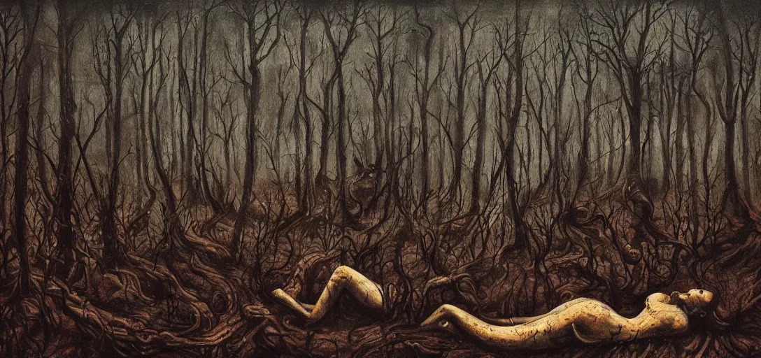 Prompt: A horror painting of a dark fantasy forest, pain, agony, sorrow