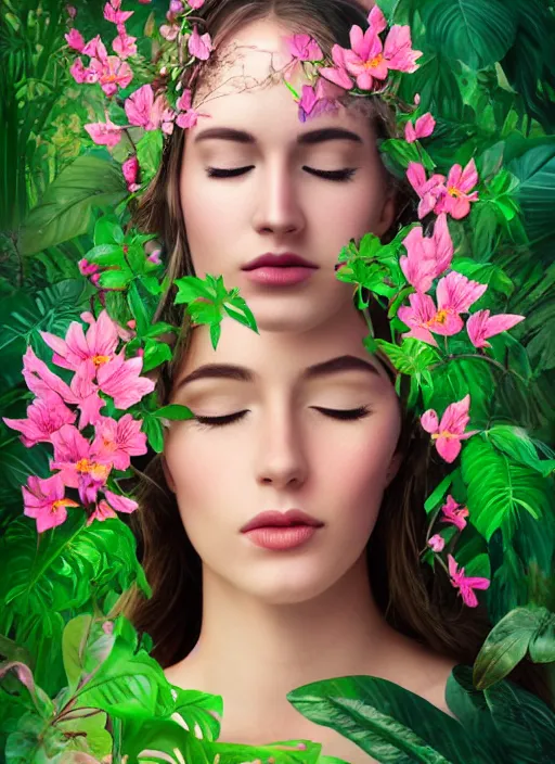 Image similar to a beautiful portrait of a beautiful woman with eyes closed in the jungle surrounded by pink flowers, face paintings, matte painting, fantasy art