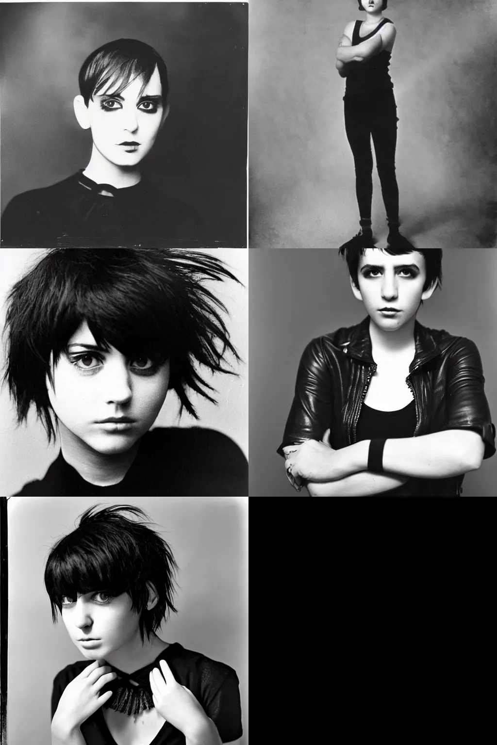 Prompt: an emo portrait by ansel adams. her hair is dark brown and cut into a short, messy pixie cut. she has a slightly rounded face, with a pointed chin, large entirely - black eyes, and a small nose. she is wearing a black tank top, a black leather jacket, a black knee - length skirt, and a black choker..