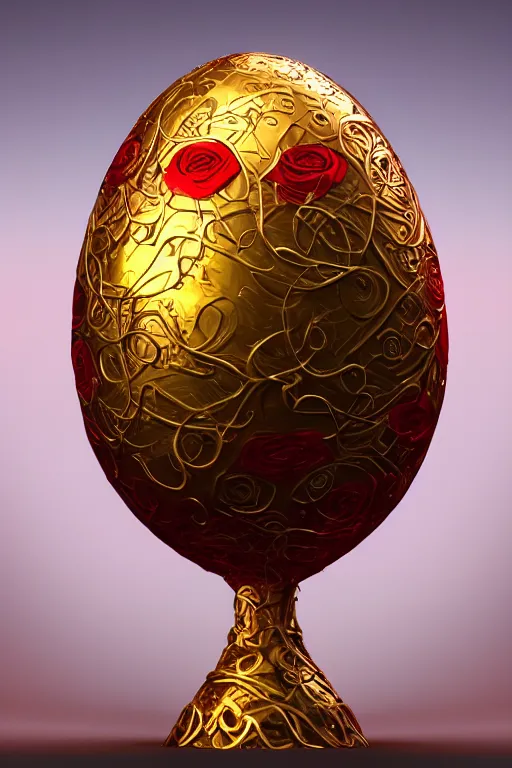 Image similar to a detailed glowing egg with swirls of red and blue emerging from the blossom of a metallic gold flower with tendrils of gold wrapping around the egg, a rose made out of silver and gold with an egg inside, fantasy concept art, unreal engine 5, volumetric lighting, trending on artstation