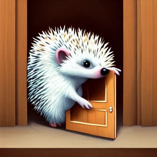 Image similar to cute adorable hedgehog opening the door, shy hedgehog, blushing, waving, smiling, cute, hedgehog, by cyril rolando