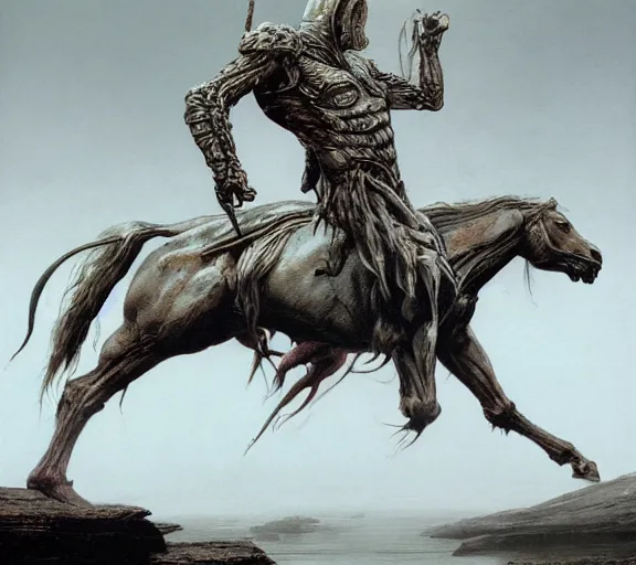 Image similar to centaur concept, bottom of the horse, upper torso of an armored warrior, beksinski, wayne barlowe, adrian smith fantasy art, the hobbit art, lord of the ring art, the witcher concept art, trending on artstation, game of throne art