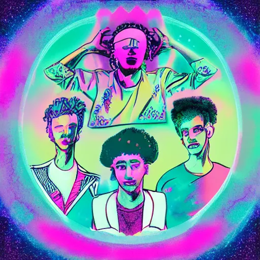 Prompt: group of frends vibing, vaporwave style, magenta cyan, psychedelic