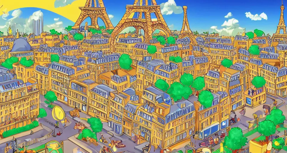 Image similar to paris in pokemon city style, golden hour