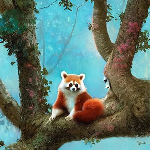 Image similar to cute red pandas in a tree, puppy eyes, digital art, hyperrealistic, greg rutkowski, alphonse mucha, lovely, pastel pink and blue sky