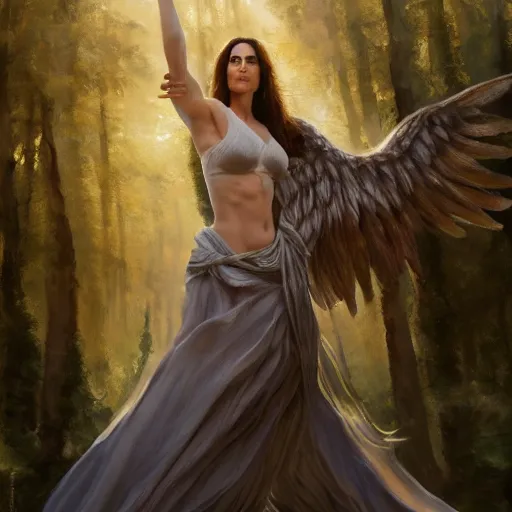 Image similar to A beautiful detailed painting of jennifer connelly as a female angel warrior, wings spread in a magical forest, ray traced sun light, by john sargent and Kalin Popov , Trending on artstation HD.