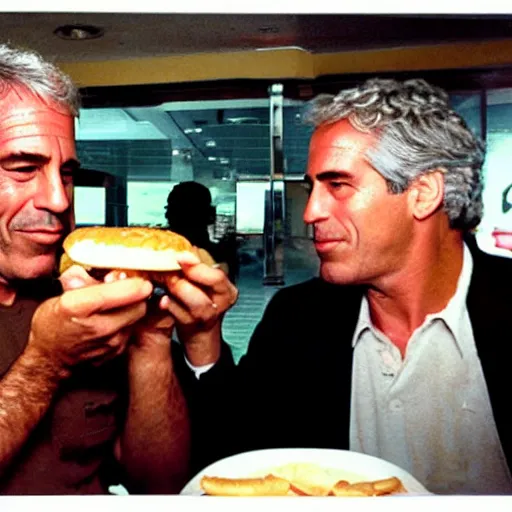 Image similar to jeffrey epstein and fat al eating a hamburger at mcdonalds