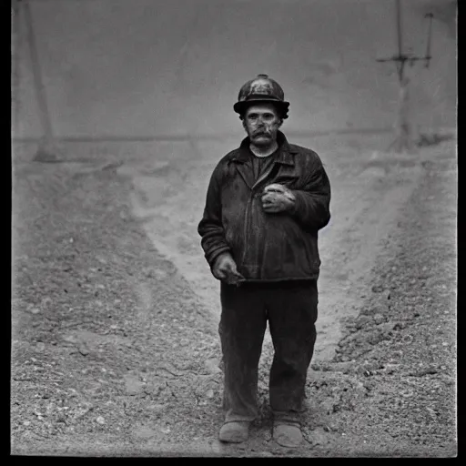 Prompt: portrait of coal mine worker by Diane Arbus, 50mm, black and white photography