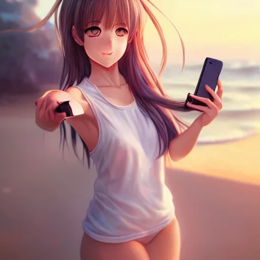 Image similar to beautiful serene intricate very detailed portrait of a realistic anime girl taking a selfie, smiling softly, wearing casual clothes, relaxing on the beach, golden hour, soft focus, 8 k, art by irakli nadar, hyperrealism, hyperdetailed, ultra realistic