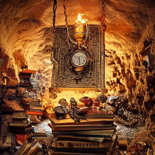 Prompt: epic vintage Photo of an ancient dark byzantine cave interior, ornate oil lamp on a pile of crystals, books covered in jewels, ornate, surrounded by strange crystals and treasure, full of sand and glitter, Indiana Jones, Tomb Raider, trending on artstation, cinematic, jewels, 35mm lens