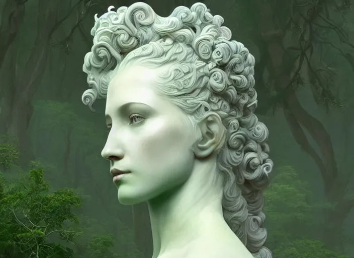 Image similar to a portrait of idealistic marble statue with fractal flowery hair and fair porcelain face and green eyes, in a magical forest, painted by, mc escher, gordon onslow ford, georgia o'keeffe and ivan aivazovsky, cinematic light, god rays, colourful, unreal engine, zbrush central,