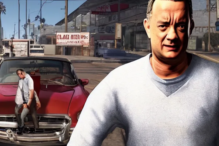 Prompt: tom hanks on a gta v loading screen