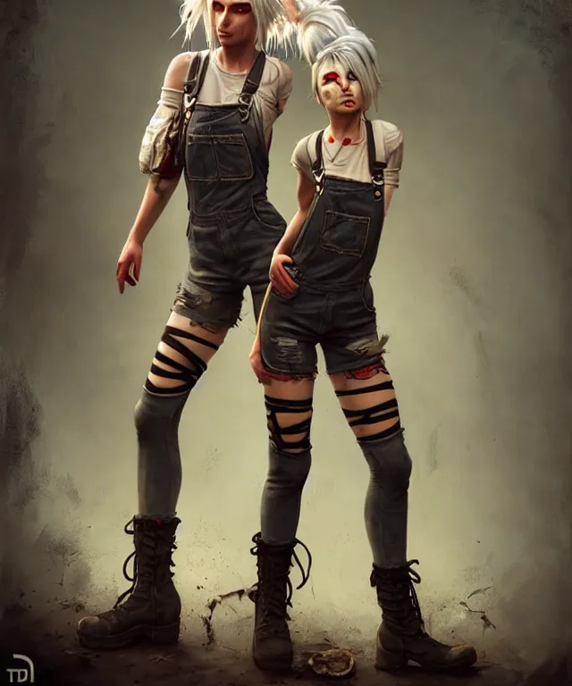 Prompt: full body pose, grungy, dirty ciri, torn overalls, short shorts, combat boots, fishnets, beautiful, highly detailed face, true anatomy!, extremely detailed!, digital painting, unreal engine 5, art by tom bagshaw